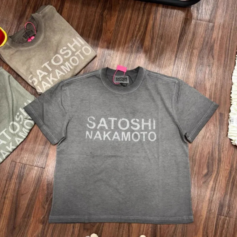Summer High Streetwear Vintage Washed Worn Fading Classic Letter SATOSHI Tshirts Men Women Cyberpunk Short Sleeve Y2K Tops - Matrix-studios.com