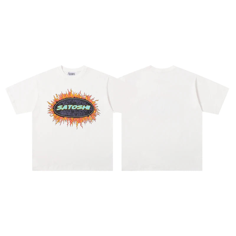Flame Circular Letter Logo SATOSHI Tshirts Summer Breathable Cotton Round Neck Short Sleeve White Tops Men Women Street Outfit - Matrix-studios.com