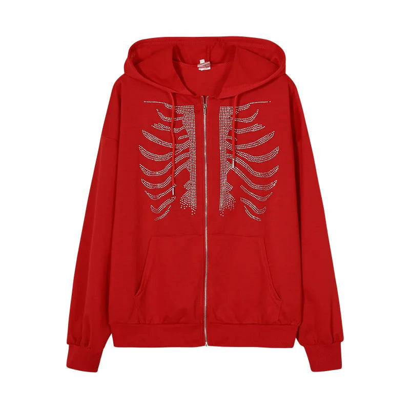 Y2K Rhinestone Skeleton Hoodies Women Gothic Black Zip Up Oversized Sweatshirts Female Retro Harajuku Hooded Jacket Streetwear - Matrix Studios