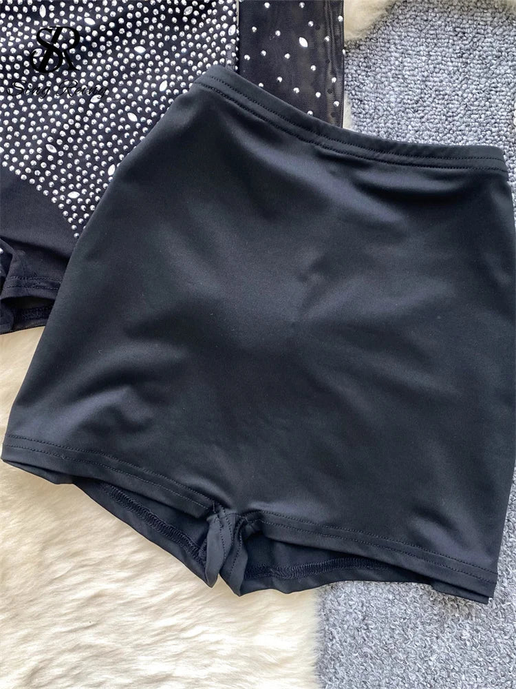 SINGREINY Summer Thin Sheer Sexy Bodysuit Long Sleeve Zipper With Shorts Design Rompers Beadings Streetwear Women Mesh Playsuits - Matrix Studios