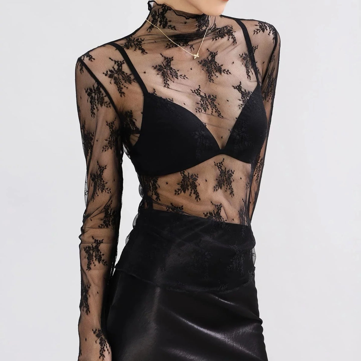 Women Elegant High Neck Polka Dot Blouse Mesh Lace Stitching Puff Long Sleeve Shirt Slim Fit Office Ladies Fashion Daily Tops - Matrix-studios.com