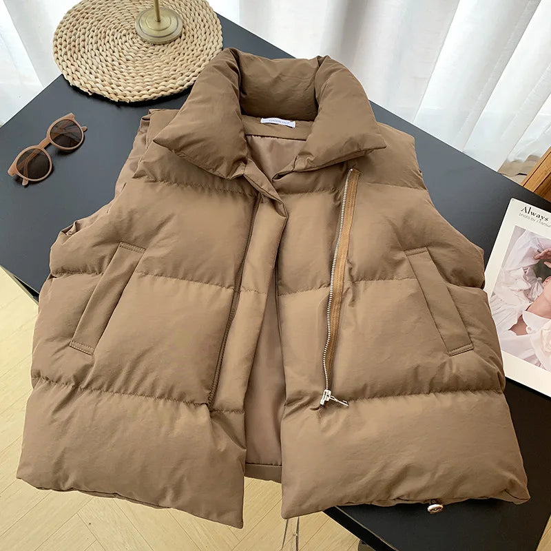 Women Fashion Autumn New 2024 Stand Collar Elegant Down Coats Warm Outerwear Casual Belt Sleeveless Winter Women Vests Jackets - Matrix Studios
