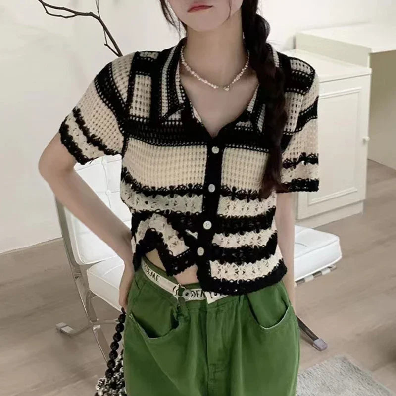 Striped Crochet Vest Top Collared Button-up Short Sleeve Sheer Crop Knit Top Cardigan Women Teengirl Fairycore Vintage Outfit - Matrix Studios