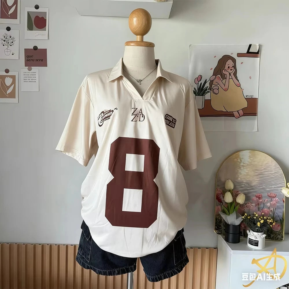 Summer Women's New No.8 Oversized Short sleeved T-shirt Street Y2K Fashion Leisure Sports Jersey Men Letter Printed Polo Shirt - Matrix-studios.com