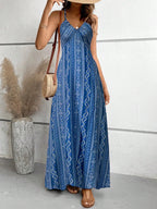 Women's Summer Ethnic Pattern Backless Split Thigh Dress Ladies Summer Clothes Boho Fashion Frill Trim Long Dress for Beach - Matrix-studios.com