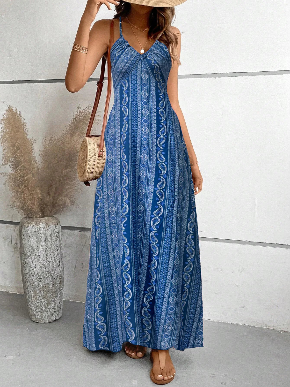 Women's Summer Ethnic Pattern Backless Split Thigh Dress Ladies Summer Clothes Boho Fashion Frill Trim Long Dress for Beach - Matrix-studios.com
