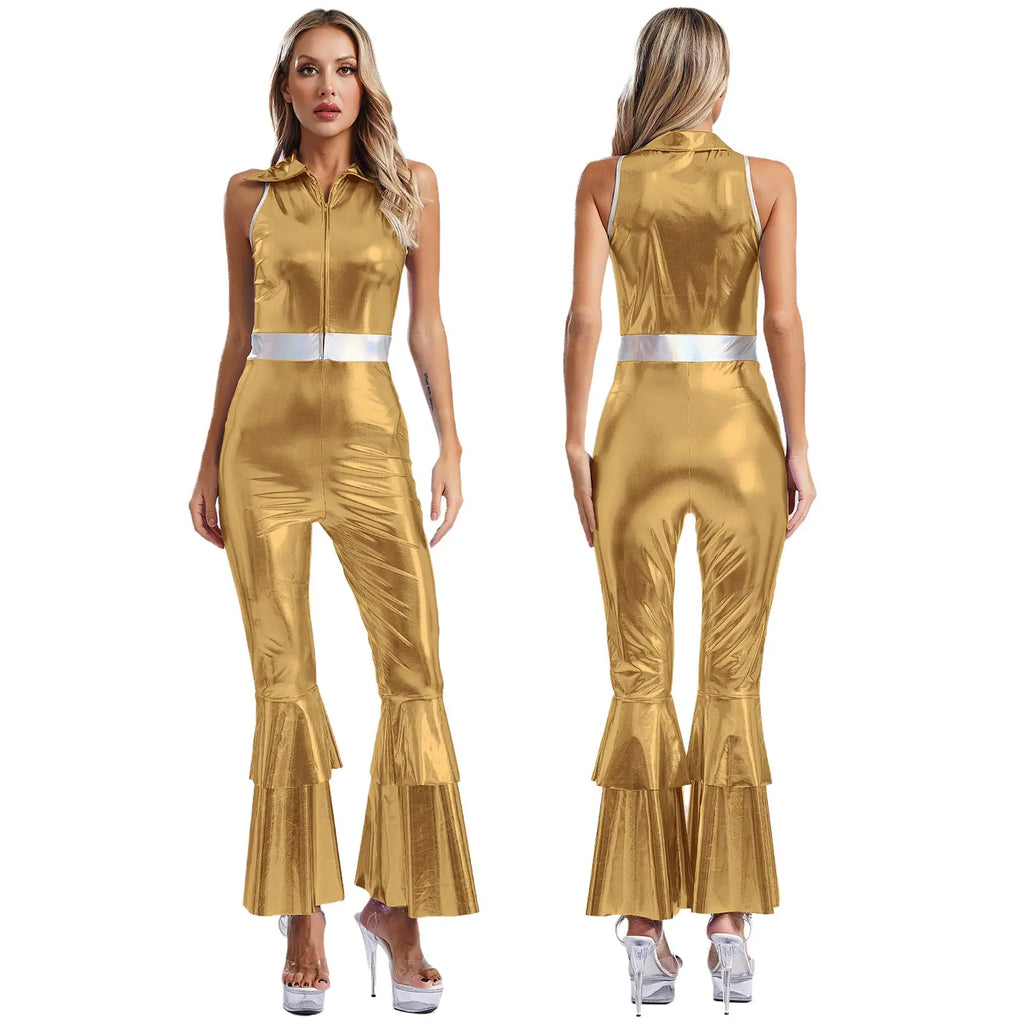Womens 70S Disco Vintage Jumpsuit Metallic Shiny Flare Sleeve Bodysuit Hippie Bell Bottom Jazz Dance Carnival Rave Party Costume - Matrix Studios