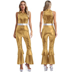 Womens 70S Disco Vintage Jumpsuit Metallic Shiny Flare Sleeve Bodysuit Hippie Bell Bottom Jazz Dance Carnival Rave Party Costume - Matrix Studios