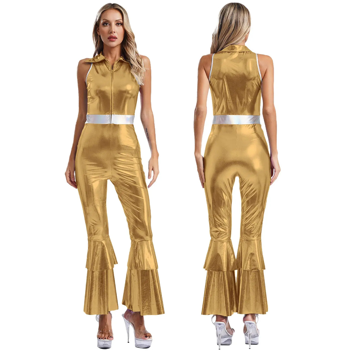 Women Vintage One Piece 70s Disco Dance Rompers Sleeveless Metallic Bell Bottom Flared Pants Jumpsuit for Retro Party Jazz Dance - Matrix Studios