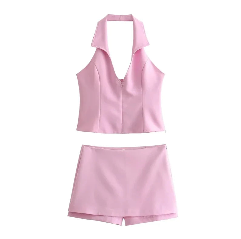 Women Summer 2 Piece Set High Waist Back Pocket Mini Skirts Shorts Sexy V-Neck Sleeveless Backless Suspender Zipper Top - Matrix-studios.com