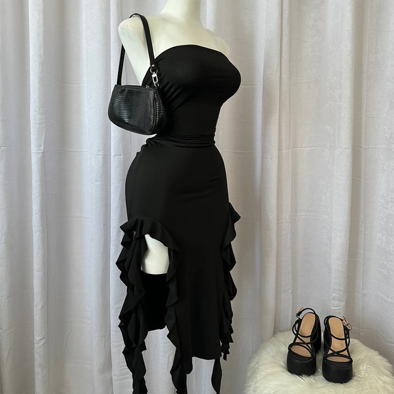 Women Strapless Sexy Floral Fold Hemline High Slit Mini Dress 2024 Solid Backless Sleeveless Black And Pink Party Dress Vestidos - Matrix-studios.com