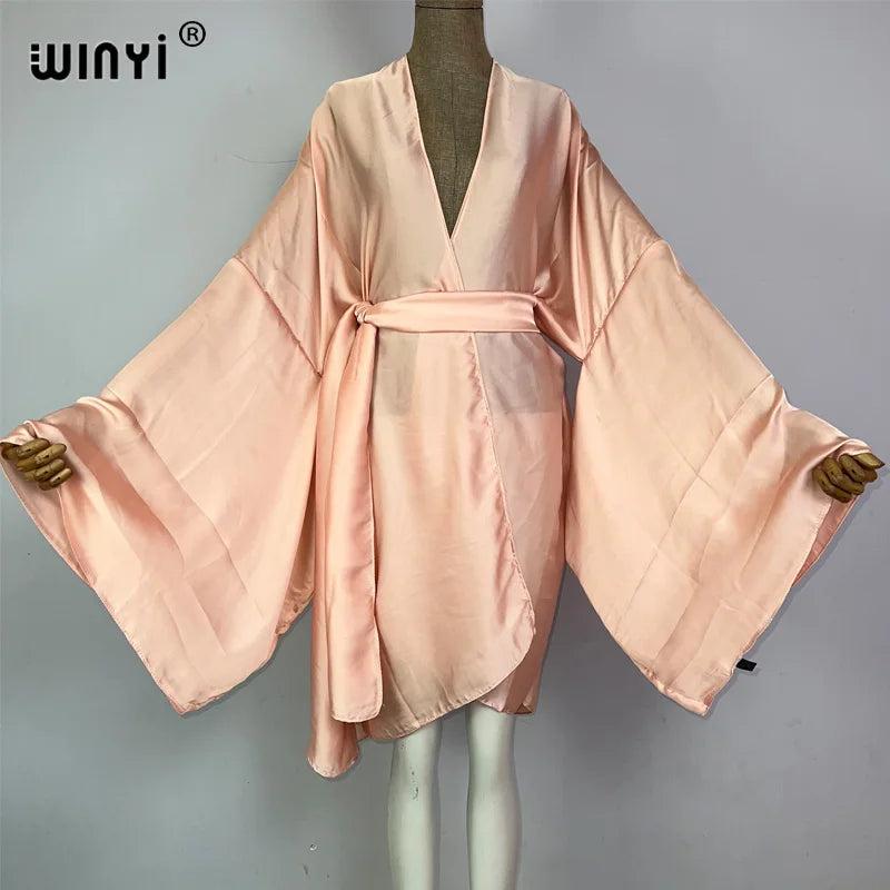 WINYI Kimono Boho Monocolour Kaftans Beach Wear Elegant купальник Holiday Beach Outfits for Women Bathing Suit Cover Ups Dress - Matrix Studios