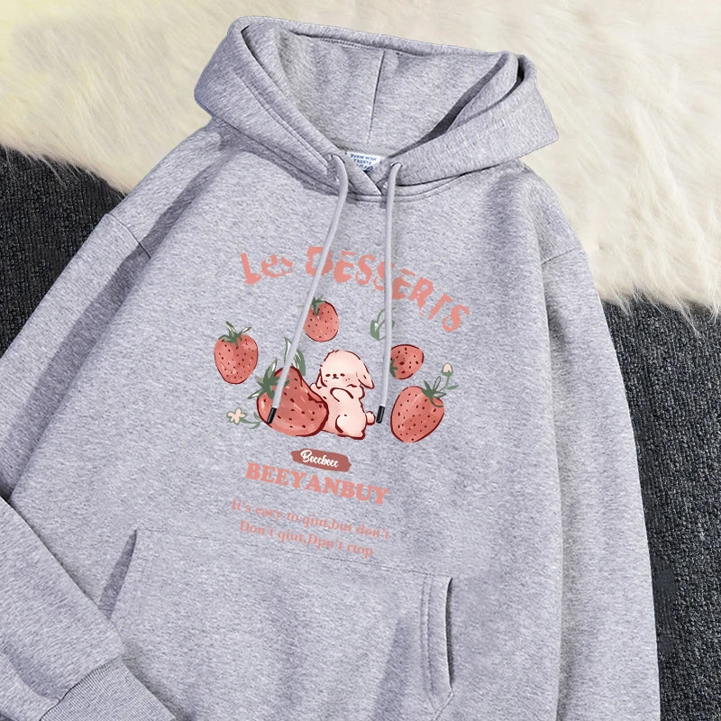 Fashion Women'S Hoodie Cute Strawberry And Rabbit Printed Sweatshirt Pocket Soft Warm Breathable Pullover Autumn Winter Hoody - Matrix Studios