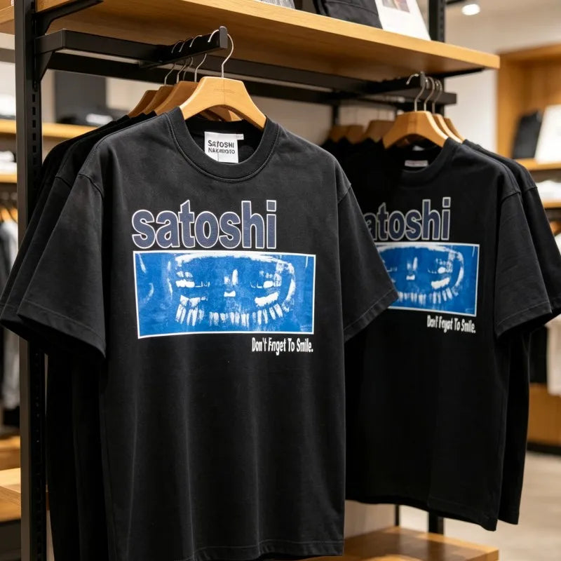 High Quality White Ink Direct Spray Cotton Satoshi Tshirts Summer American Street Men Women Round Neck Short Sleeve Top Tees - Matrix-studios.com