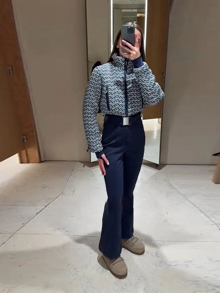 Elegant Print Thicken Ski Jumpsuit Women Chic Full Sleeve Stand Collar Zipper Belt Long Romper Fashion Warm High Waist Rompers - Matrix Studios