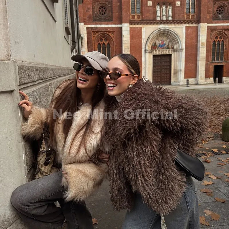 Neo Mint 2025 Winter Lulicore Fashion Brown Faux Fur Coat Women Chic Autumn Warm Fluffy Sheep Fur Jacket Big Fur Collar Overcoat - Matrix Studios
