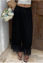 Womens Wide Leg Pants White Polyester Lace Trim Hem Casual Loose Fit Summer Trousers Wide Leg Pants - Matrix-studios.com