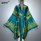 WINYI Bohemian Print Kimono Beach Outfits Women Swim Suit Cover Up Maxi Cardigan Stitch Self Belt Holiday Long Sleeve Print Coat - Matrix Studios