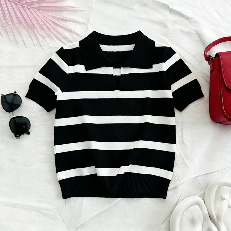 Red White Striped Summer Knit Polo Top Women's Short Sleeve Collared Shirt Lightweight Elastic Casual Daily Knitted Blouse Tee - Matrix-studios.com