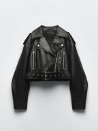 Ailegogo Spring Autumn Women Faux Pu Leather Short Jacket with Belt Motorcycle Biker Female Zipper Lapel Loose Coat Outwear - Matrix Studios