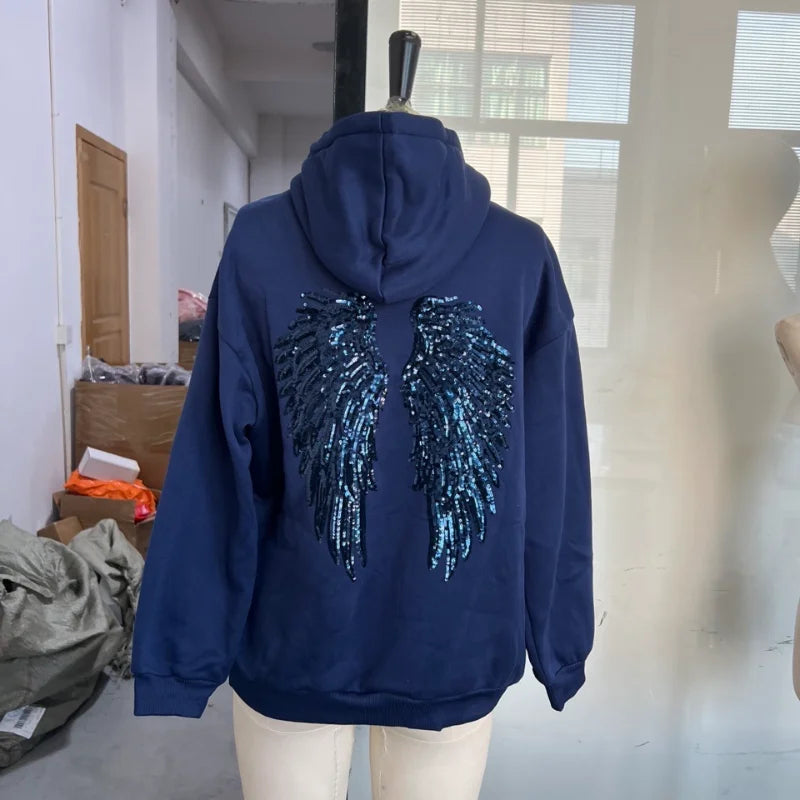 Sequin Angel's Wings Hoodies Women Chic Loose Long Sleeve Pullovers Top Slim Yoga Pant Set 2025 New Casual Lady Two Piece Sets - Matrix Studios
