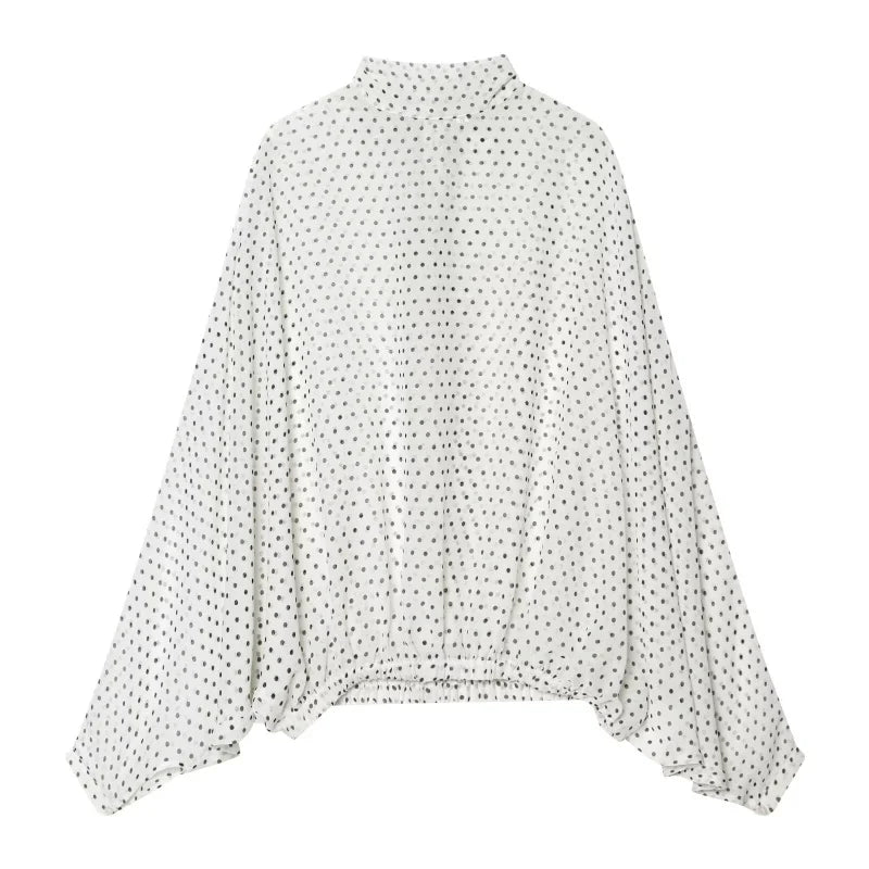 ETJ Women's Polka Dot Blouse Skirt Set 2026 Spring High Neck Batwing Sleeve Sheer Front Tie Bow Midi A-Line Dress Set - Matrix-studios.com