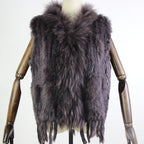 Harppihop womens natural real rabbit fur vest with raccoon fur collar waistcoat/jackets rex rabbit knitted winte - Matrix Studios