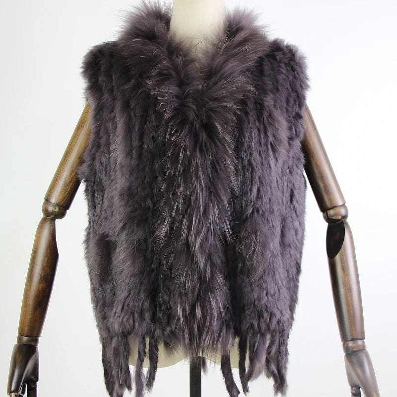 Harppihop womens natural real rabbit fur vest with raccoon fur collar waistcoat/jackets rex rabbit knitted winte - Matrix Studios