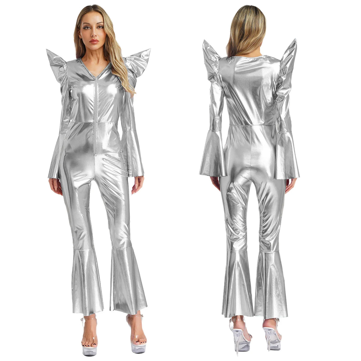 Women Vintage One Piece 70s Disco Dance Rompers Sleeveless Metallic Bell Bottom Flared Pants Jumpsuit for Retro Party Jazz Dance - Matrix Studios