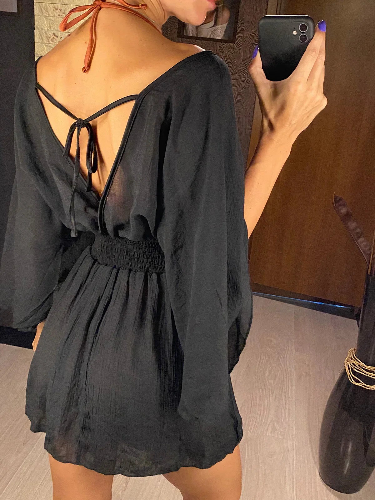 New Sexy V Neck Long Sleeve Backless Chiffon Tunic Beach Cover Up Beach Cover-ups Beach Dress Beach Wear Beachwear V3840 - Matrix Studios