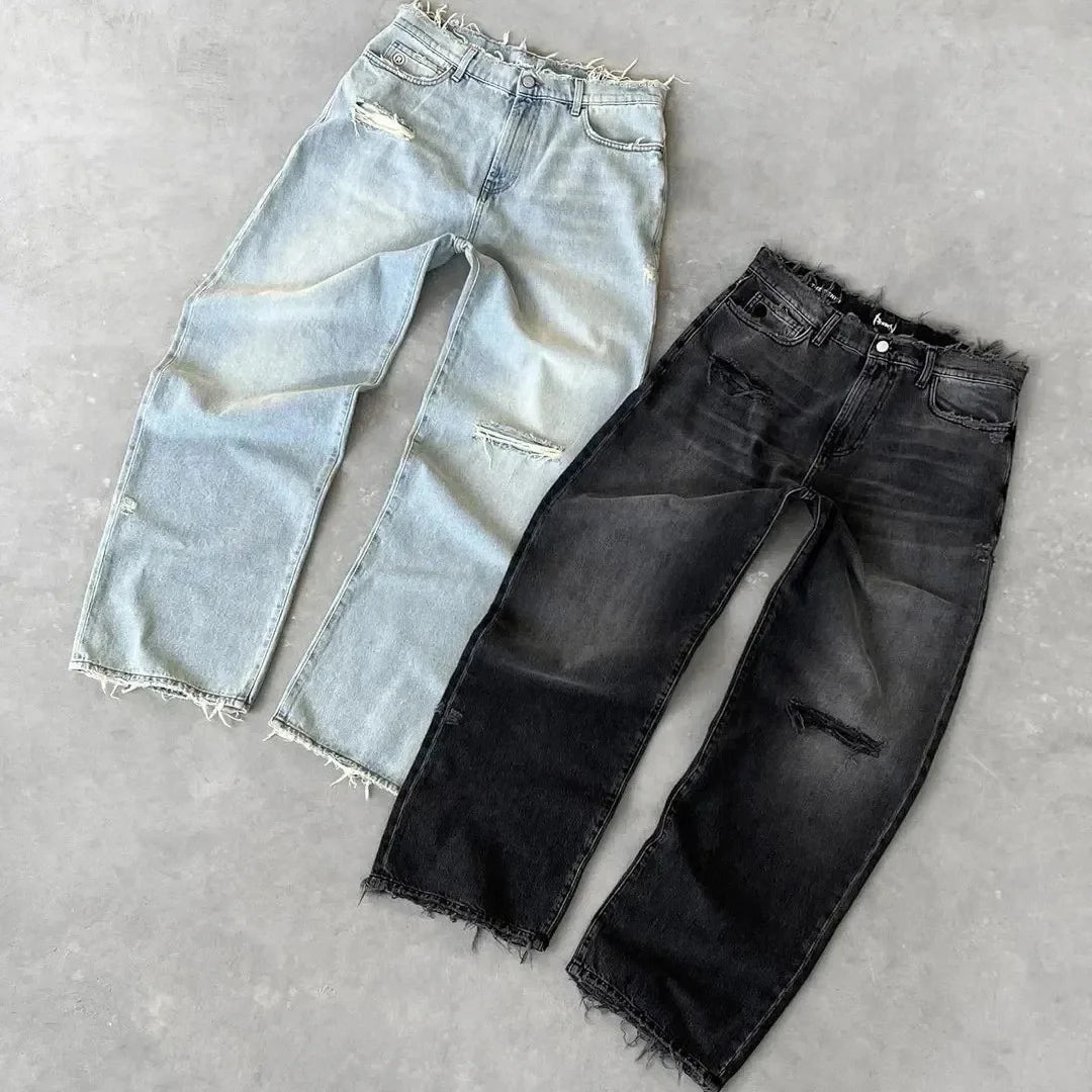 Straight Jeans Distressed Men Jean Ripped Holes Washed Denim Pants Ankle Length Loose Solid Zipper Fly Pockets Casual 2025 - Matrix Studios
