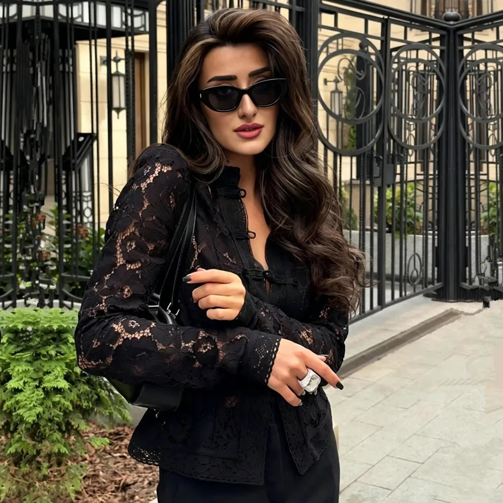Ladies Vintage Lace Blouse Shirts Women Summer Hollow Out Casual Sand Collar Elegant Embroidery Puff Sleeve Sexy Top Shirts - Matrix-studios.com