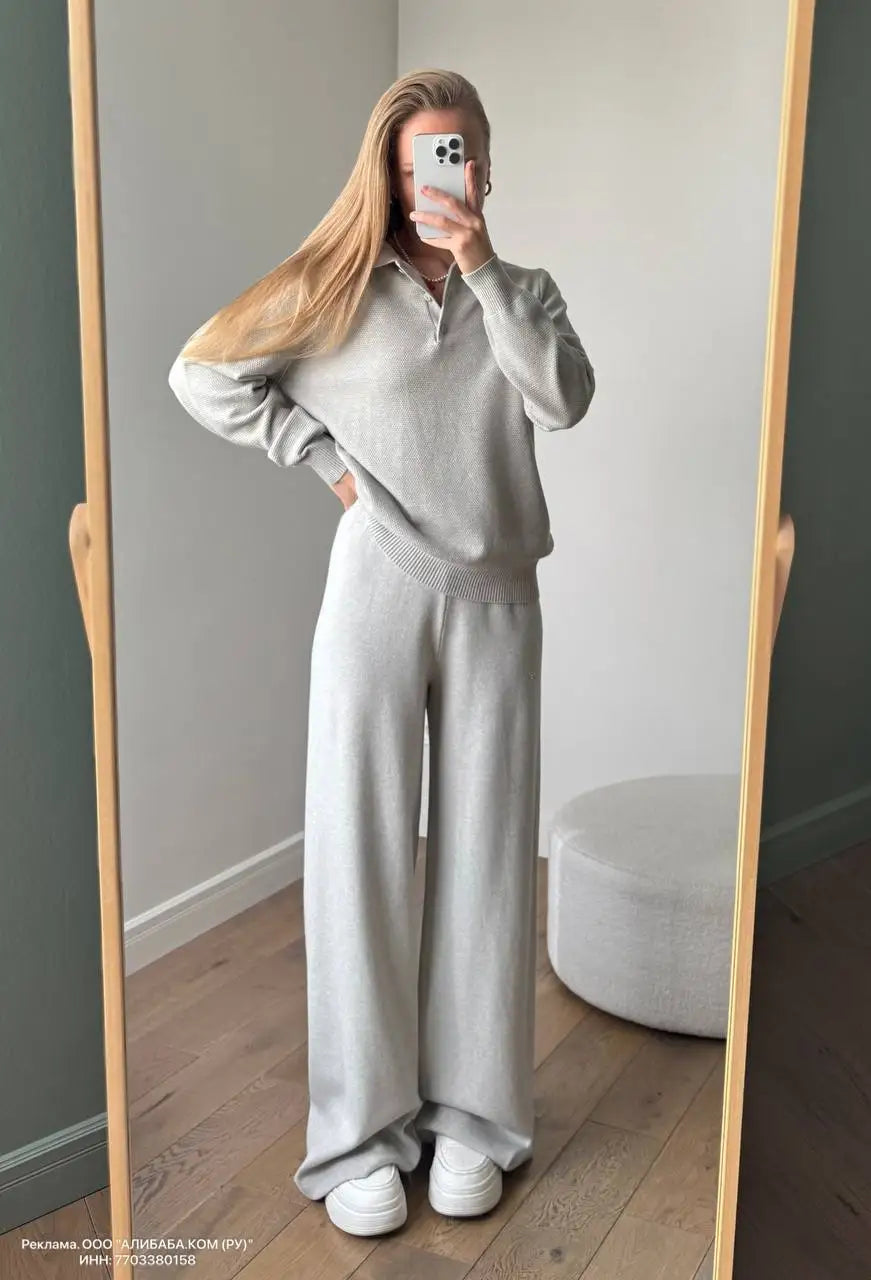 Hirsionsan Winter Thick Women Knitted Suits Soft 2 Pieces soft Female Sets Polo Neck Sweater & Wide Leg Pants Knitted Outfit - Matrix-studios.com