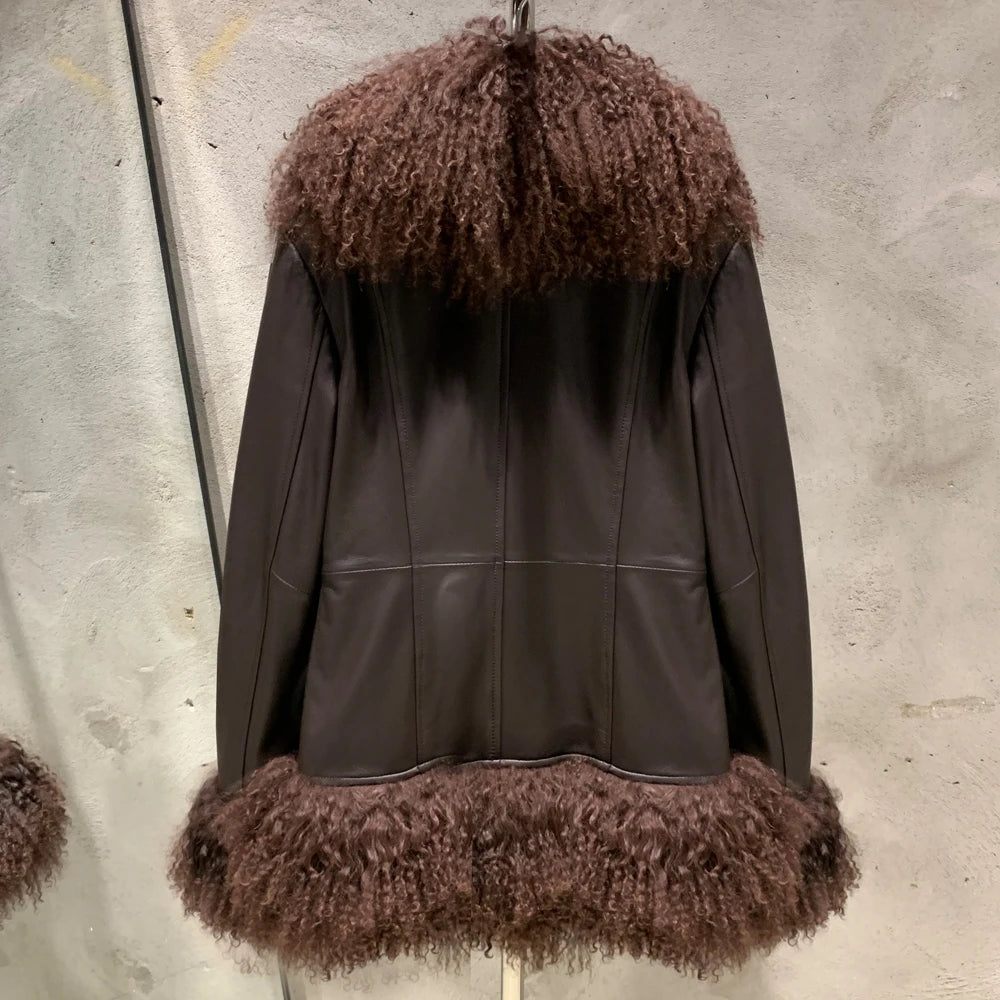 Sheep Collar Coats Women Winter Luxury Mongolian Fur Leather Jackets with Long Sleeve 7251 - Matrix Studios