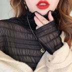 Women Elegant High Neck Polka Dot Blouse Mesh Lace Stitching Puff Long Sleeve Shirt Slim Fit Office Ladies Fashion Daily Tops - Matrix-studios.com
