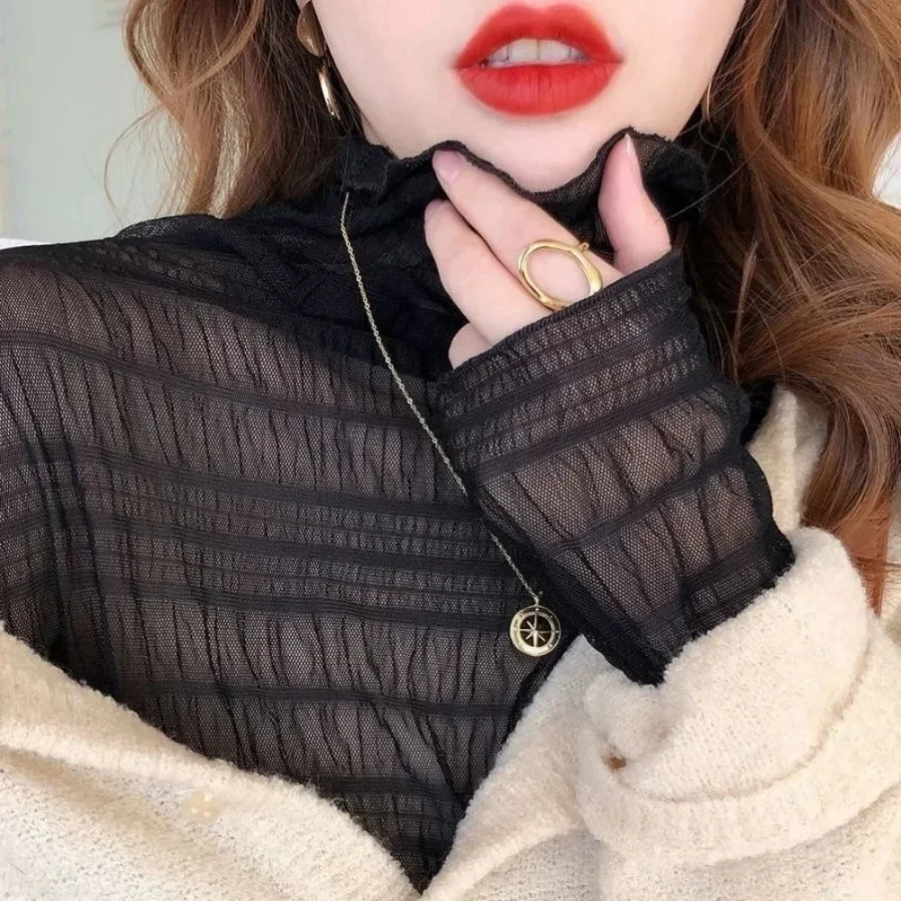Women Elegant High Neck Polka Dot Blouse Mesh Lace Stitching Puff Long Sleeve Shirt Slim Fit Office Ladies Fashion Daily Tops - Matrix-studios.com
