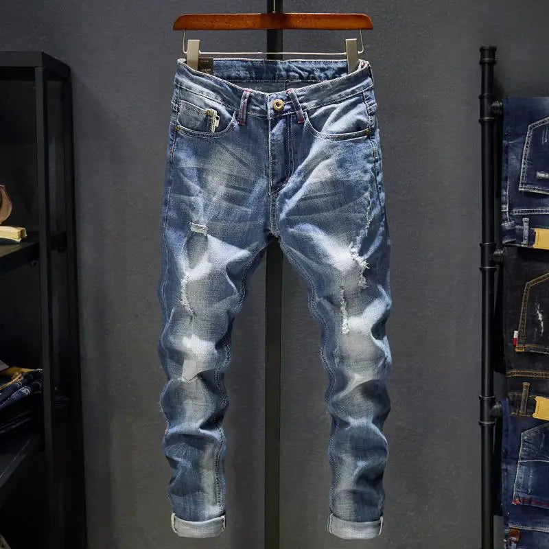 American Elastic Straight Jeans Men Ripped Worn-out Slim-fit Cotton Denim Pants Korean Style Fashion Blue Black Men's Clothing - Matrix Studios