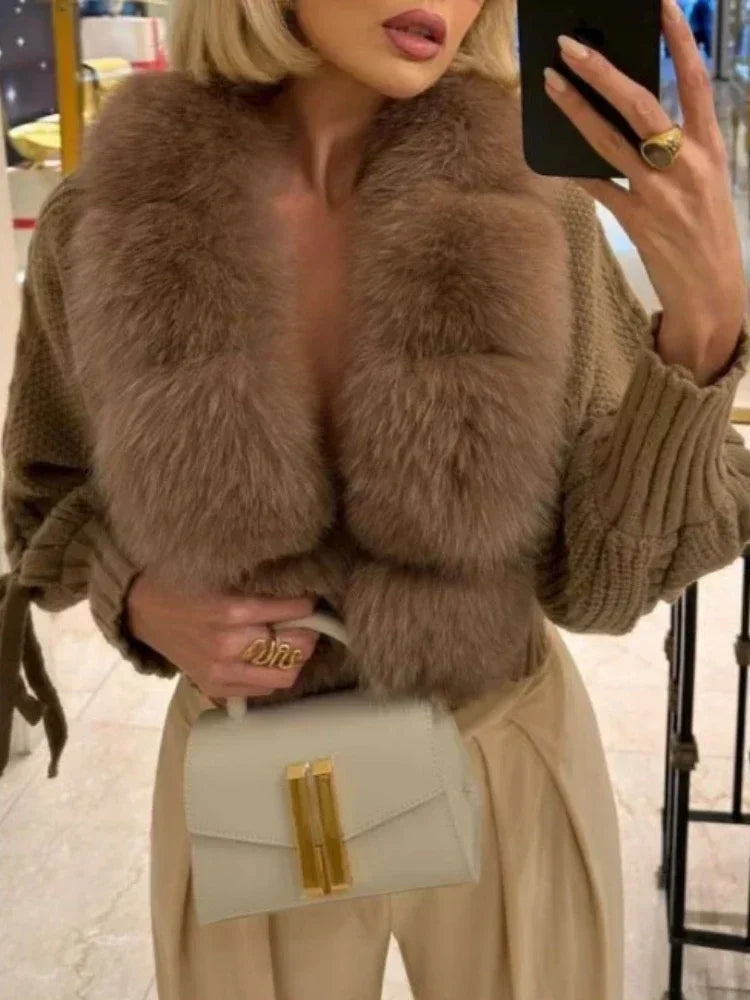 2024 Winter New Fashion Knitting Cardigan Placket Coat Women Casual Real Fox Fur Coat Short Warm Knitted Jacket with Natural Fur - Matrix Studios