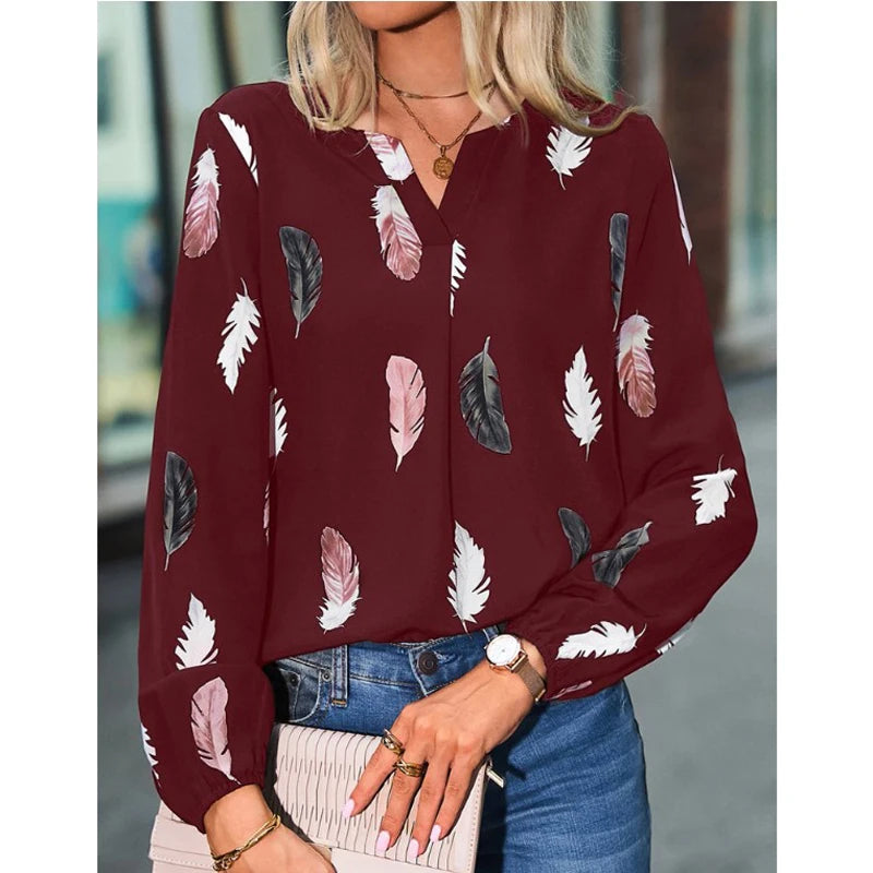 Fashion Woman Blouse Shirts For Women Stylish Top long Sleeve Feather Pattern Female Tops Elegant Chiffon Mujer Woman Clothes - Matrix-studios.com