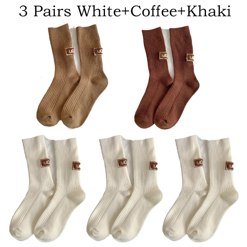 5/10 Pairs Socks Women Luxury Designer Cashmere Wool Sock Solid Warm Thick Pile Embroidered Logo Mid-Calf female Snow Boot Socks - Matrix Studios