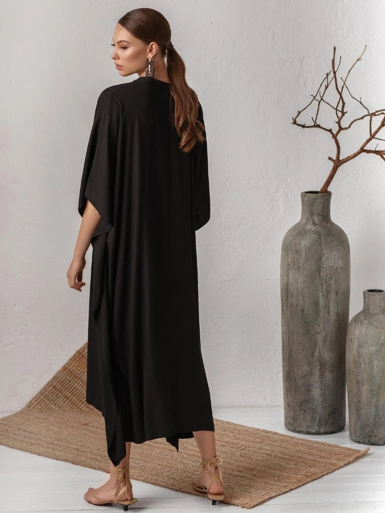 Swimsuit Cover Up Women Kaftan Beach Tunic Solid V Neck Elegant Summer Long Dress Loose Beachwear Bathing Suit Swimwear - Matrix Studios