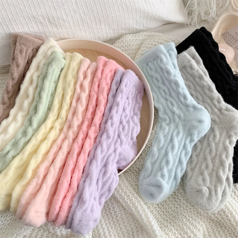 Warm Women's Socks New Winter Japanese Fashion Solid Color Fluffy Socks For Girls Home Thick Cute Floor Socks Kawaii Autumn Soft - Matrix Studios