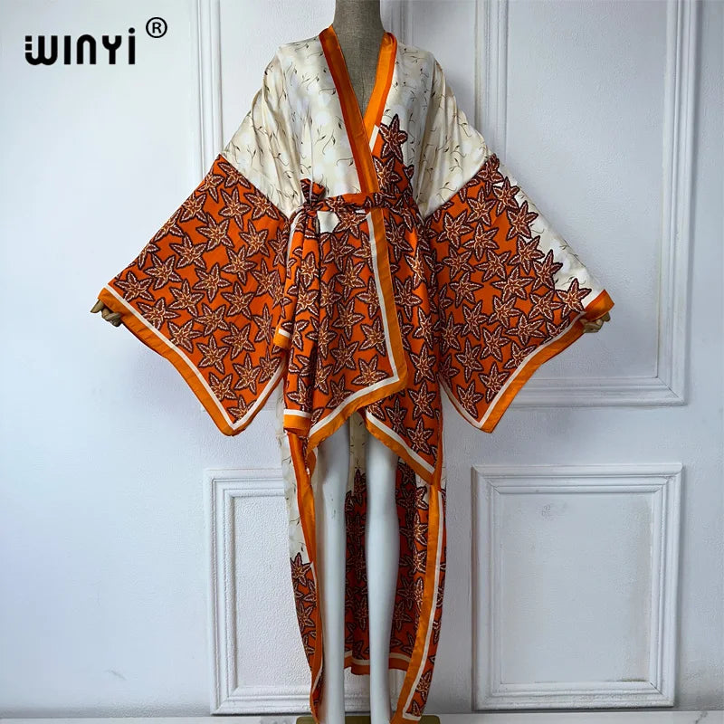 WINYI Summer Beach Wear Cover Up Lady Boho Cardigan Printing Elegant Silky and Skin-Friendly Sexy Holiday Kimono Maxi Dress - Matrix Studios
