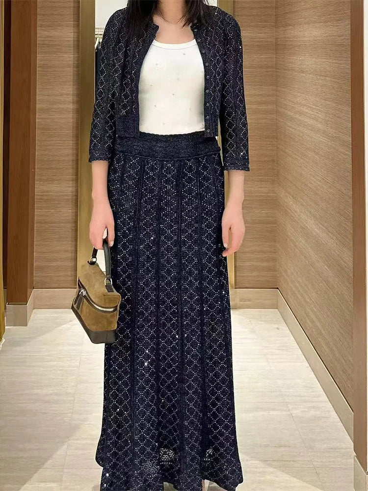 2026 Spring New Fashion Hollow-out Cardigan Women Elegant Temperament O-neck Sleeveless Knit Tops or Mid- length Skirt Ladies - Matrix Studios