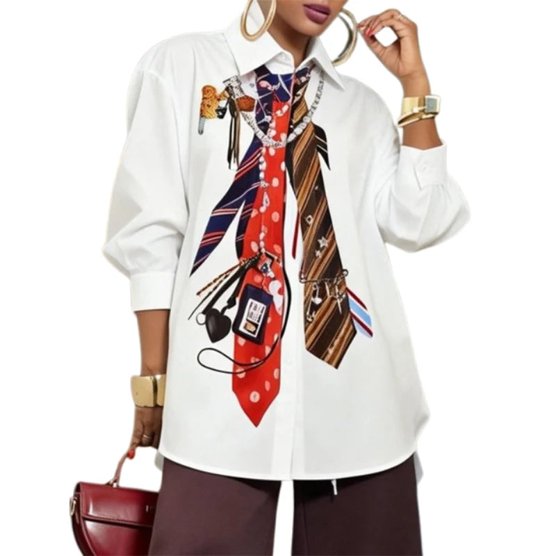 Yeezzi 2026 New Trendy Tie Printed White Shirts For Women Puff Sleeves Loose Buttoned Asymmetric Hem Streetwear Blouses - Matrix-studios.com