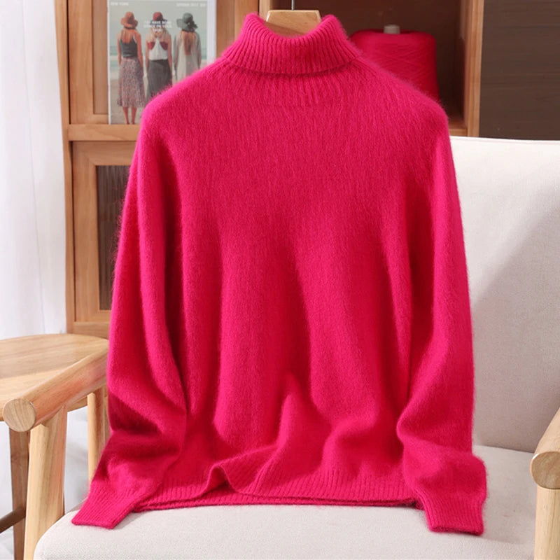 Autumn And Winter New 100% Mink Cashmere Sweater Ladies' High Lapel Solid Color Padded Pullover Wool Knitted Bottoming Shirt - Matrix Studios