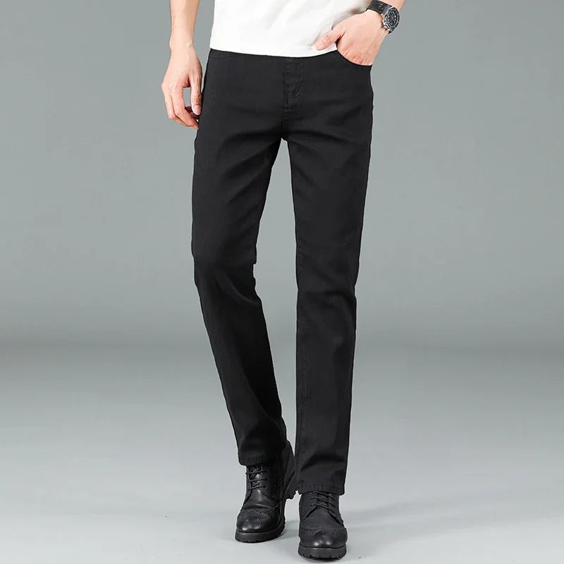 Men's Pure Black Slim Jeans Elastic Straight Pants Business Fashion Leisure Korean Vintage Skinny Small Feet Denim Pants Male - Matrix Studios