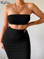 Hugcitar Women Elegant 2 Pcs Sets Strapless Sexy Tube Crop Tank Top Maxi Skirt 2025 Summer Women Casual Clothes Party Festival - Matrix-studios.com