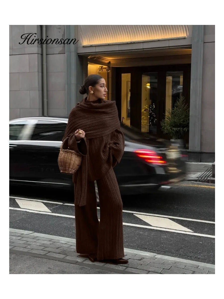 Hirsionsan Soft Elegant Vintage Women Suits 3 Pieces Female Sets O Neck Sweater & Wild Leg Pants with Scarf Knitted TrackSuit - Matrix-studios.com