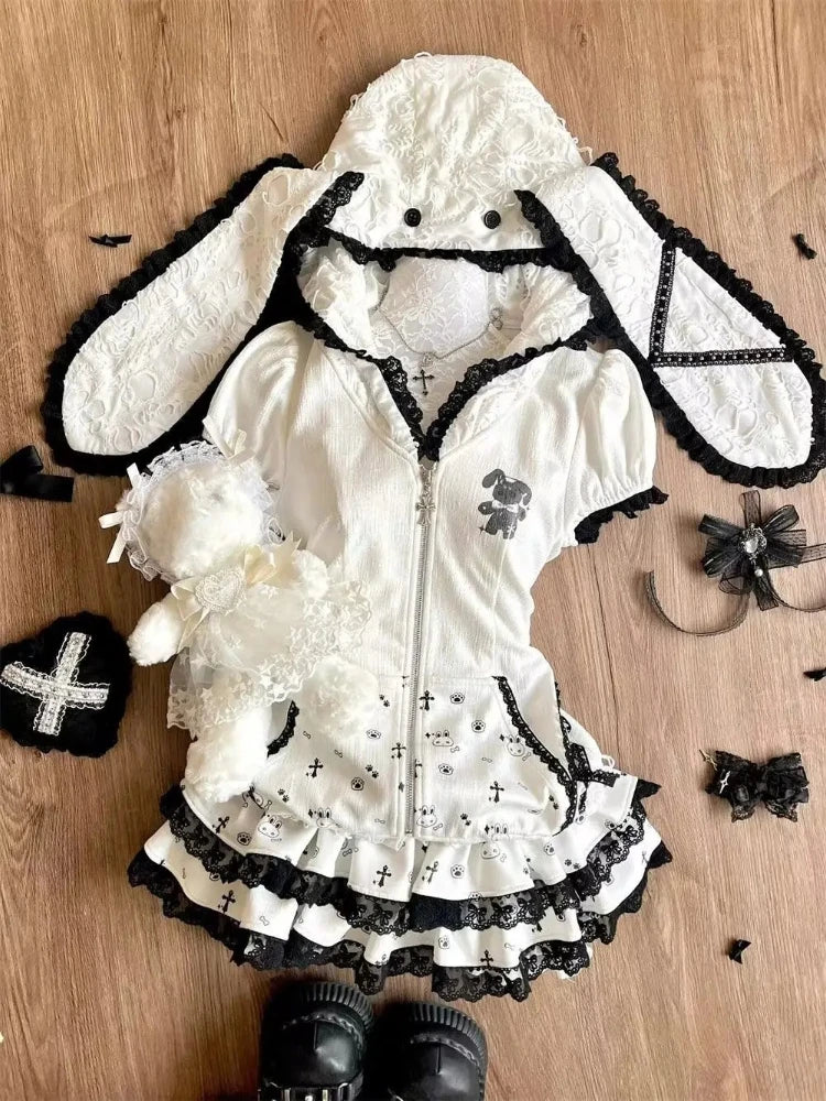 Spring Y2K Princess Outfits Women 2 Piece Sets Sweet Kawaii Bow Tops + Lace Pleated Skirt Female Retro Chic Preppy Style Clothes - Matrix-studios.com